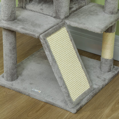PawHut 138cm Cat Tree, Multi-Level Cat Tower with Scratching Posts and Pad, Bed, Condos, Platforms, Toy Balls, Light Grey
