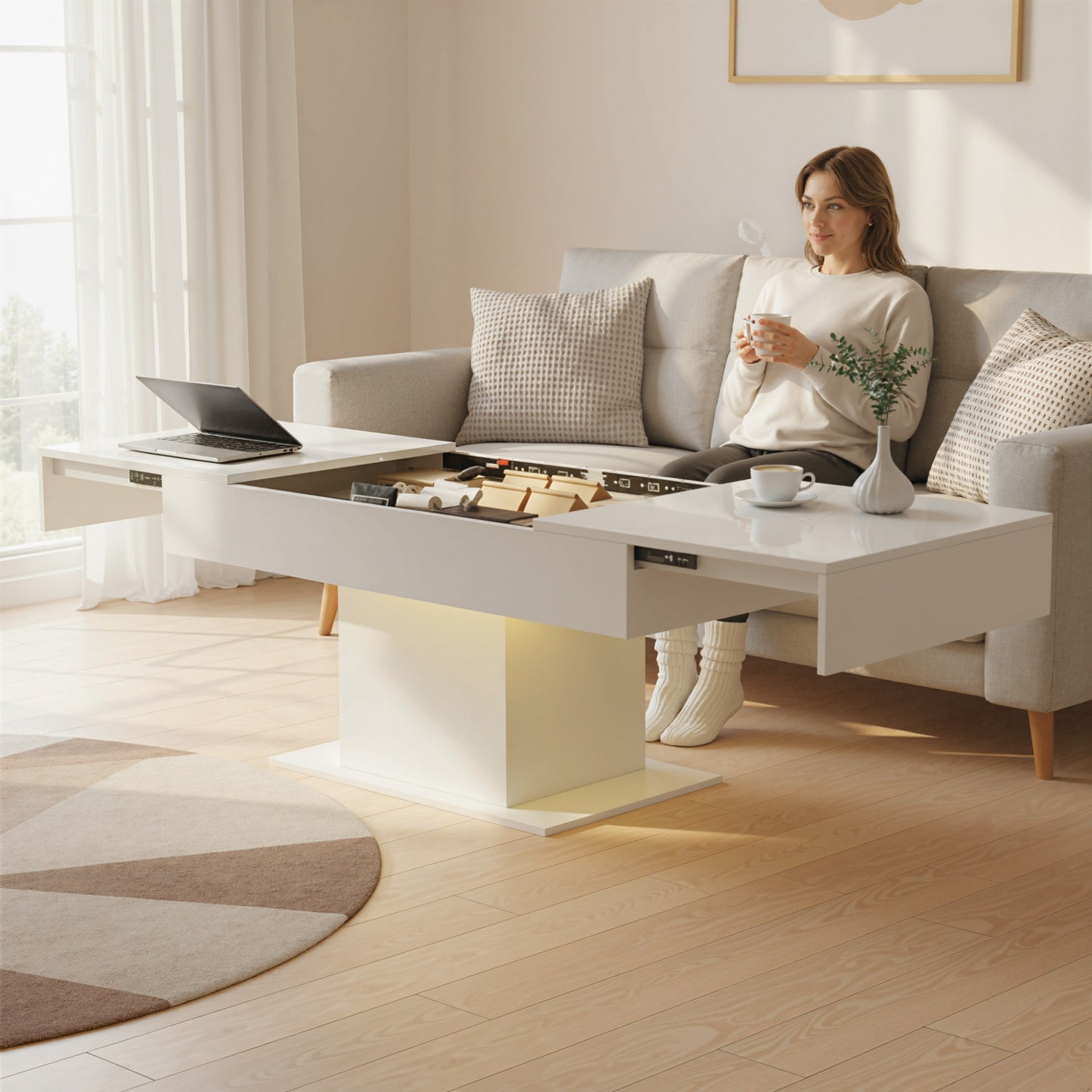 Extendable Coffee Table with LED Lights and Storage - High Gloss White