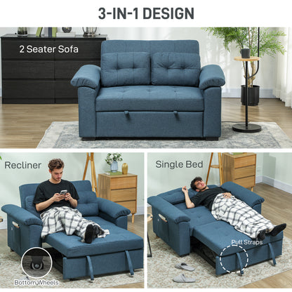 Pull Out Sofa Bed, Fabric 2 Seater Sofa Bed Settee, with 2 Pillows and Side Pockets for Living Room, Home Office, Blue