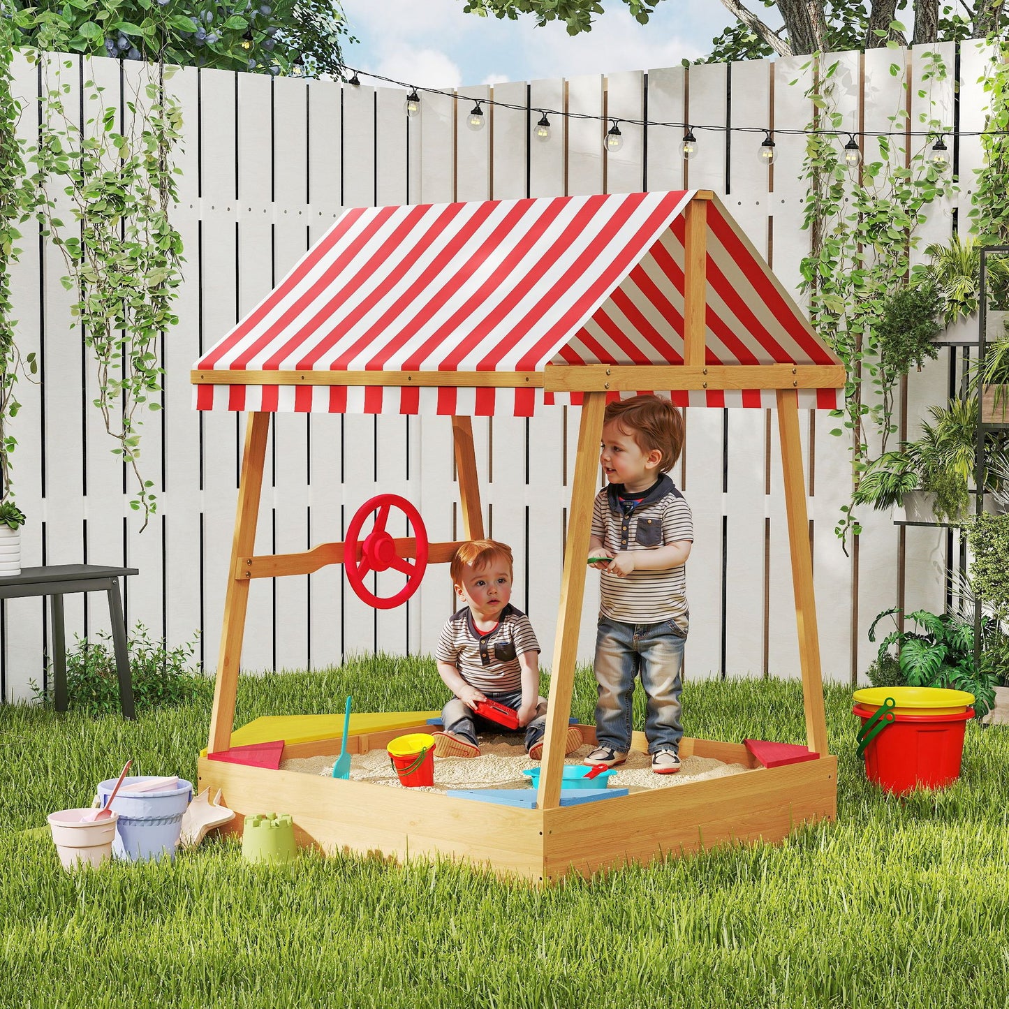 AIYAPLAY Wooden Kids Sandpit Boat Style with Canopy, 4 Seats, Rudder, Bottom Liner, for Children 3-8 Years, Yellow