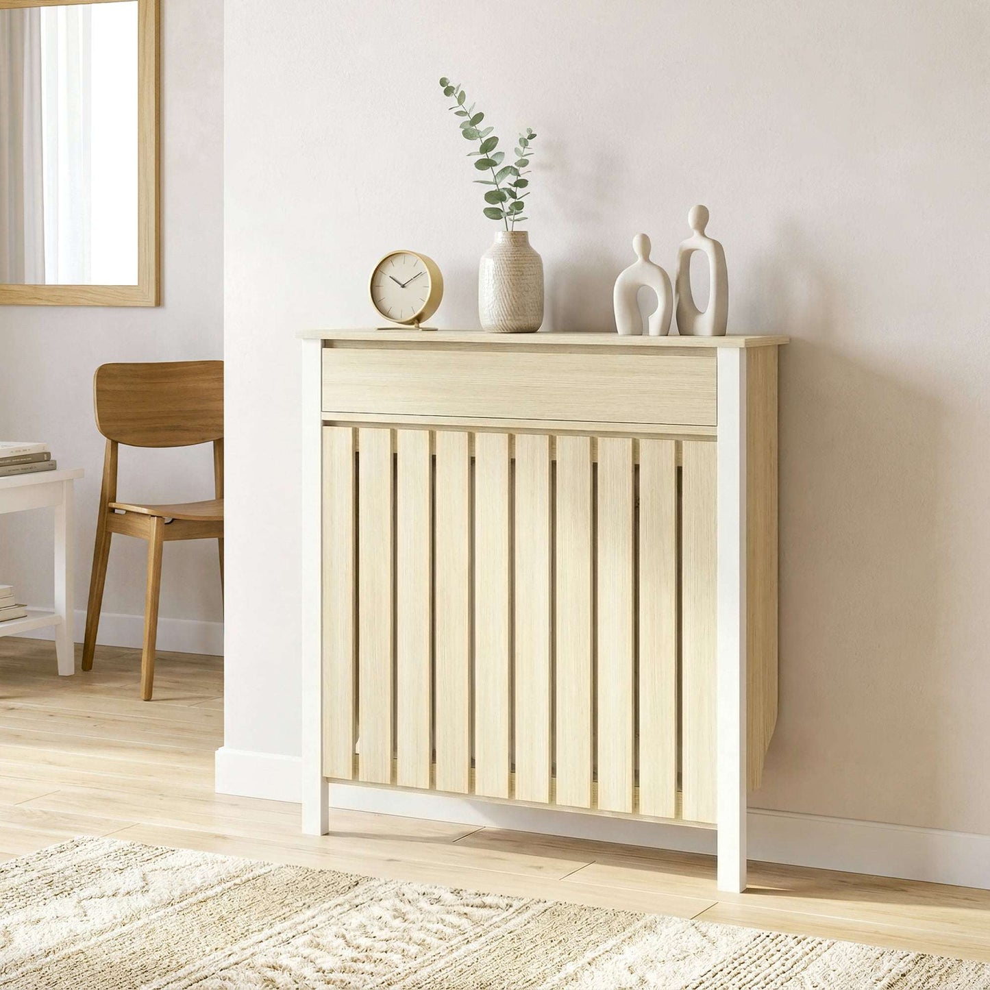 MDF & Particle Board Radiator Cover with 1 Drawer | Vertical Slats | Flat Top Display Surface | Wall Mountable | Pre-Cut Outs | 14kg Capacity | 88.5x19x93cm | Oak & White