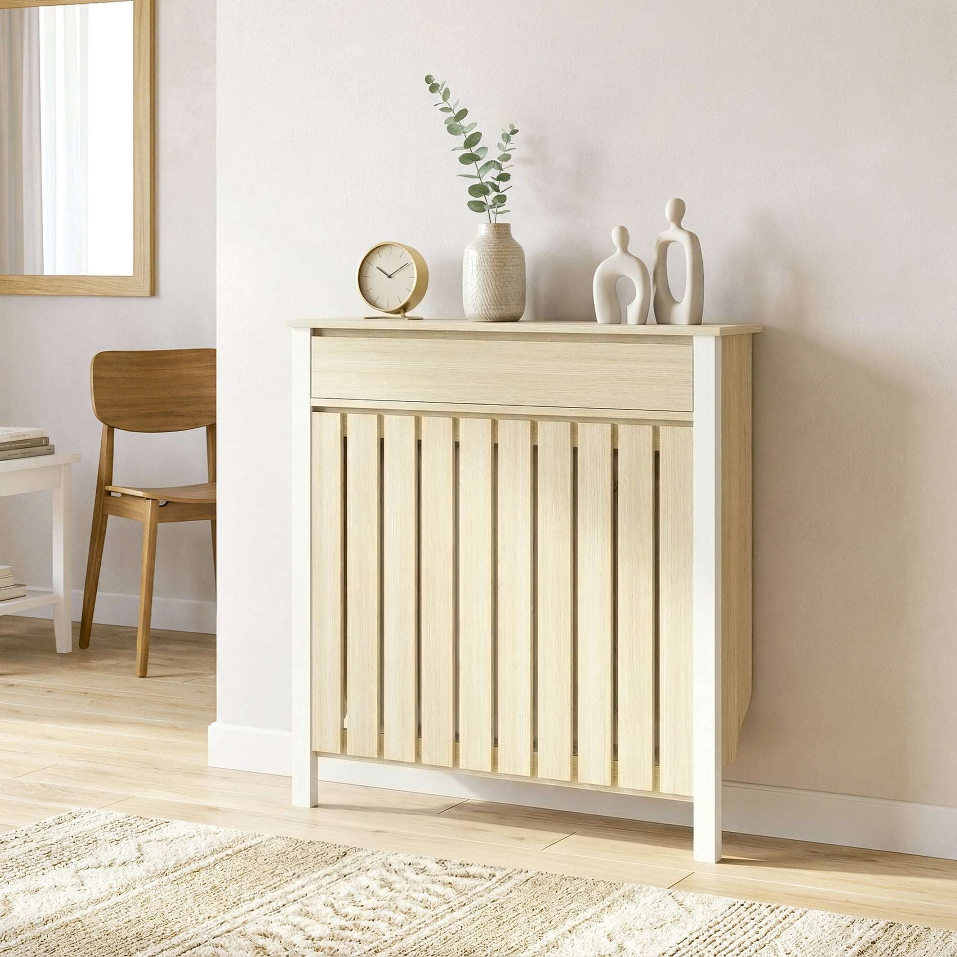 MDF & Particle Board Radiator Cover with 1 Drawer | Vertical Slats | Flat Top Display Surface | Wall Mountable | Pre-Cut Outs | 14kg Capacity | 88.5x19x93cm | Oak & White