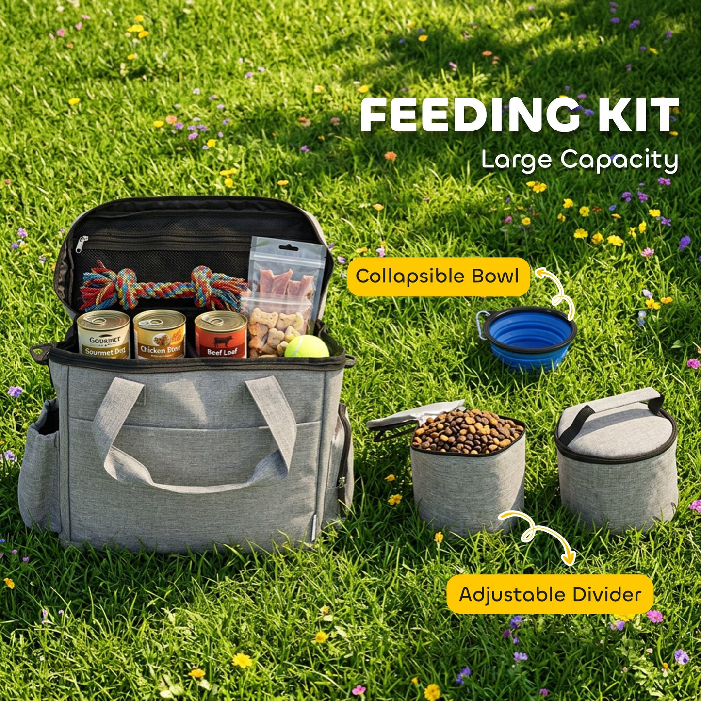 Pet Travel Bag | 2 Insulated Food Containers | Collapsible Bowl | Multiple Pockets | Waterproof 300D Fabric | Adjustable Shoulder Strap | Dogs & Cats | 38 x 17 x 35cm | Light Grey