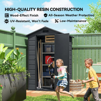 Compact PP & Aluminium Garden Storage Shed with Floor | Apex Roof | Latch Lock & Keys | Side Window | Vent | UV-Resistant | 40kg/m² Snow Rating | 128x104x196cm | Dark Grey & Black