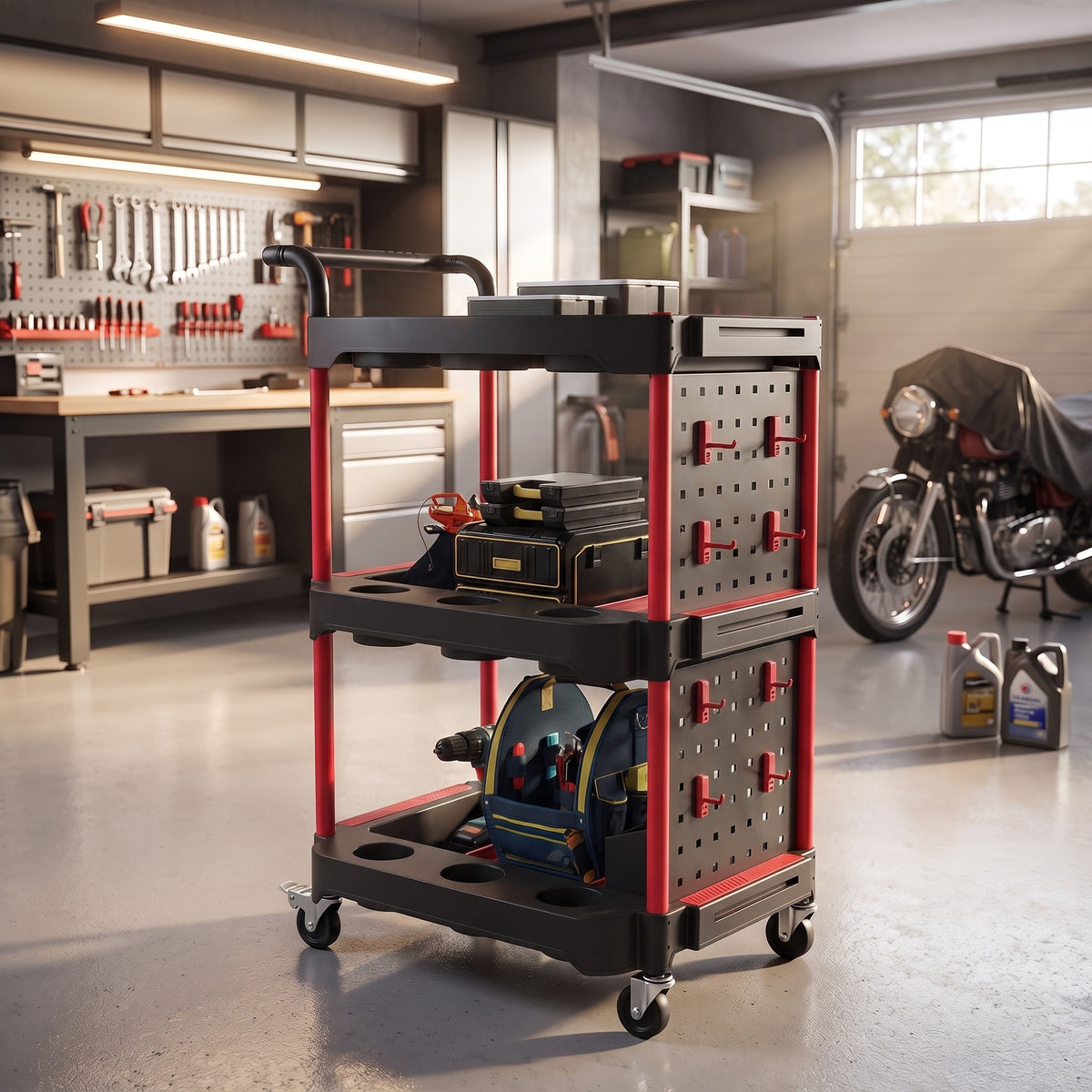 3-Tier Rolling Tool Cart | Mobile Workshop Trolley with Pegboard, 8 Hooks & 2 Brakes | 130 kg Capacity | Black & Red