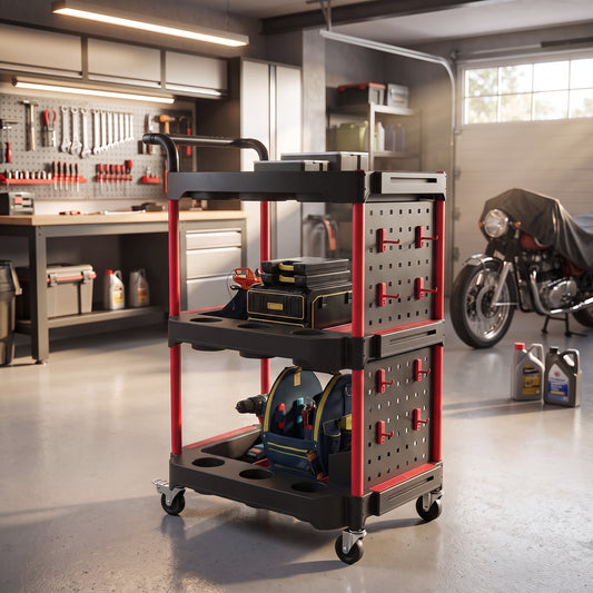 3-Tier Rolling Tool Cart | Mobile Workshop Trolley with Pegboard, 8 Hooks & 2 Brakes | 130 kg Capacity | Black & Red