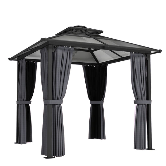 2.5x2.5m Hardtop Gazebo | 6mm Polycarbonate Roof | Drainage Gutters | Curtains & Mesh | Ceiling Hook | Dark Grey