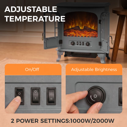 Electric Fireplace Stove | Grey Freestanding 2000W Heater with LED Flame Effect, Energy Rating C