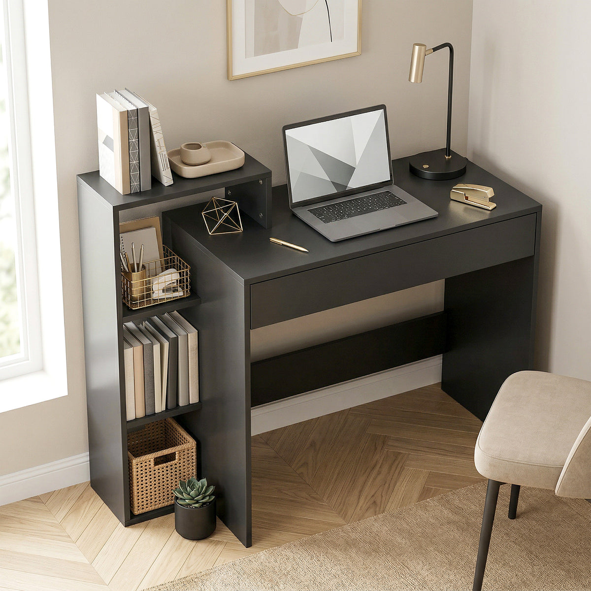 Compact Computer Desk with Storage | Wide Drawer & 3 Open Side Shelves | Black Study Workstation with Melamine Finish | 100W × 40D × 90Hcm