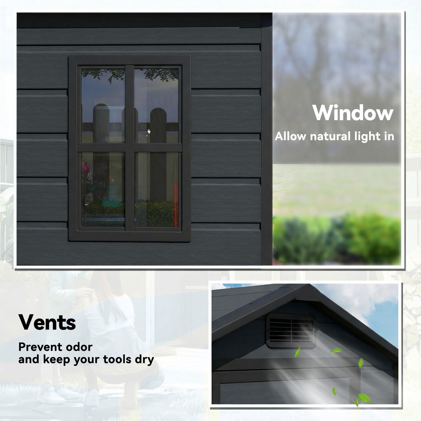 Compact PP & Aluminium Garden Storage Shed with Floor | Apex Roof | Latch Lock & Keys | Side Window | Vent | UV-Resistant | 40kg/m² Snow Rating | 128x104x196cm | Dark Grey & Black