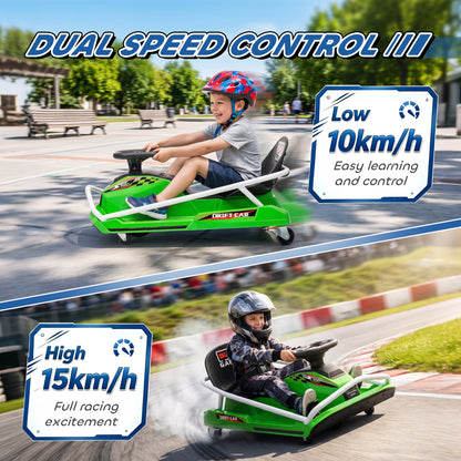 Kids Electric Go Kart | 24V 300W Brushless Motor | Drift Mode | Soft Start | Dual Speed | Ages 6-10 | Green / Yellow / Red