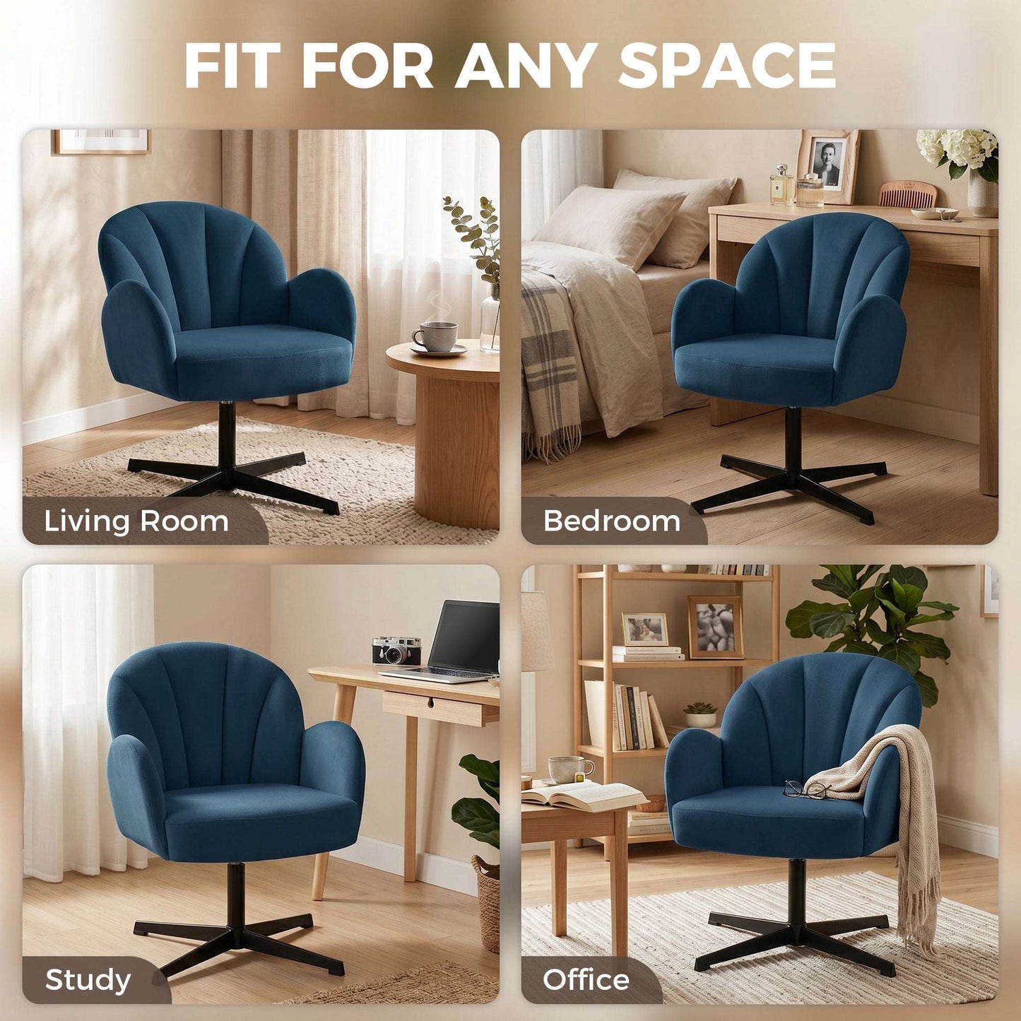 Shell-Shaped Swivel Accent Chair | 360° Swivel | 11cm Spring-Packed Seat | Velvet-Feel Fabric | Metal Base | Plastic Floor Pads | 120kg | 64.5x68x80cm | Dark Blue