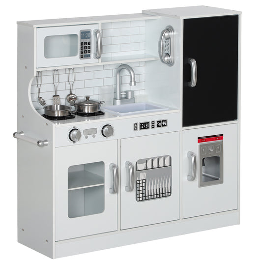 Pretend Play Kitchen, Kids Kitchen Playset, with Toy Phone, Chalkboard, Microwave, Cooking Stove, Sink, White