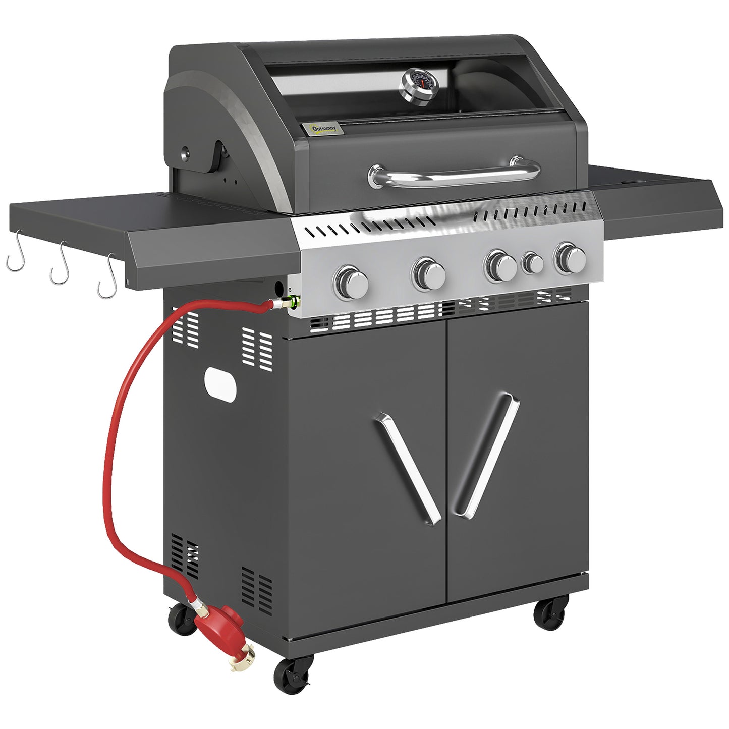 4+1 Burner Gas BBQ Grill with Clear View Lid, Portable Gas Barbecue Grill with Built-in Thermometer, Side Table, Cabinet, for Garden Party Outdoor Cooking