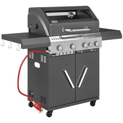 4+1 Burner Gas BBQ Grill with Clear View Lid, Portable Gas Barbecue Grill with Built-in Thermometer, Side Table, Cabinet, for Garden Party Outdoor Cooking