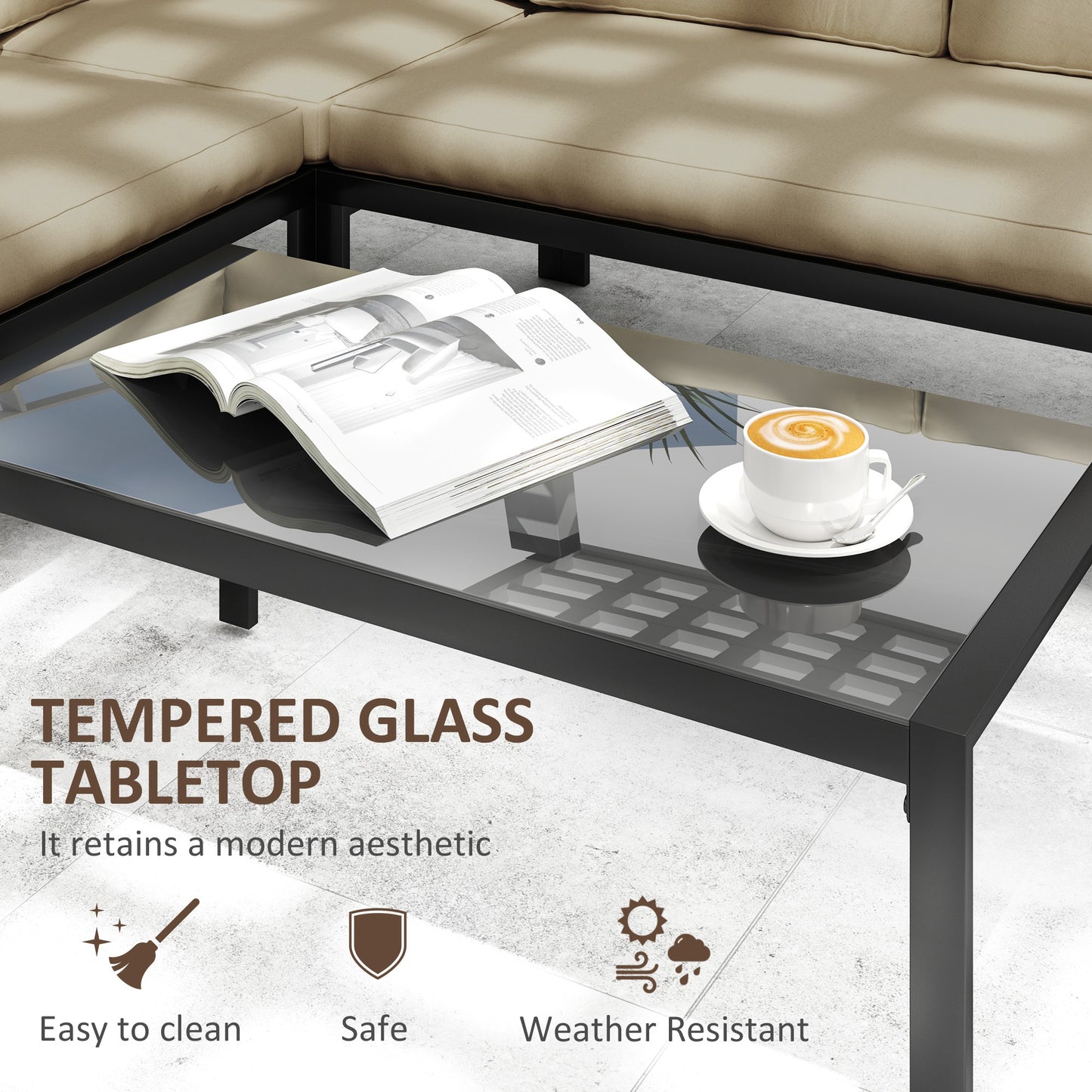 4 Piece Metal Garden Furniture Set with Tempered Glass Coffee Table, Breathable Mesh Pocket, Outdoor Conversational Corner Sofa, Khaki