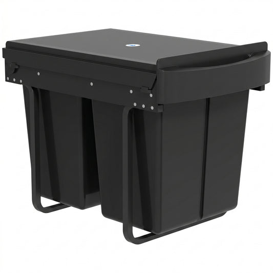 Under-Sink Pull-Out Kitchen Bin | Dual 20L Compartments 40L Total | Damped Smooth-Glide Runners | Frosted Lid Doubles as Shelf | Removable Buckets with Handles | Steel Frame | Pre-Assembled | 52x33.5x41cm | Black