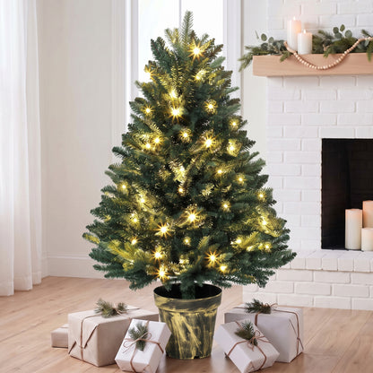 4ft Pre-Lit Artificial Christmas Tree | 750 PE & PVC Branch Tips | 80 Warm White LED Lights | Flame-Retardant | Metal Pole & Decorative Pot Base | 30–40 Min Setup | Φ62x120cm | Indoor | Green