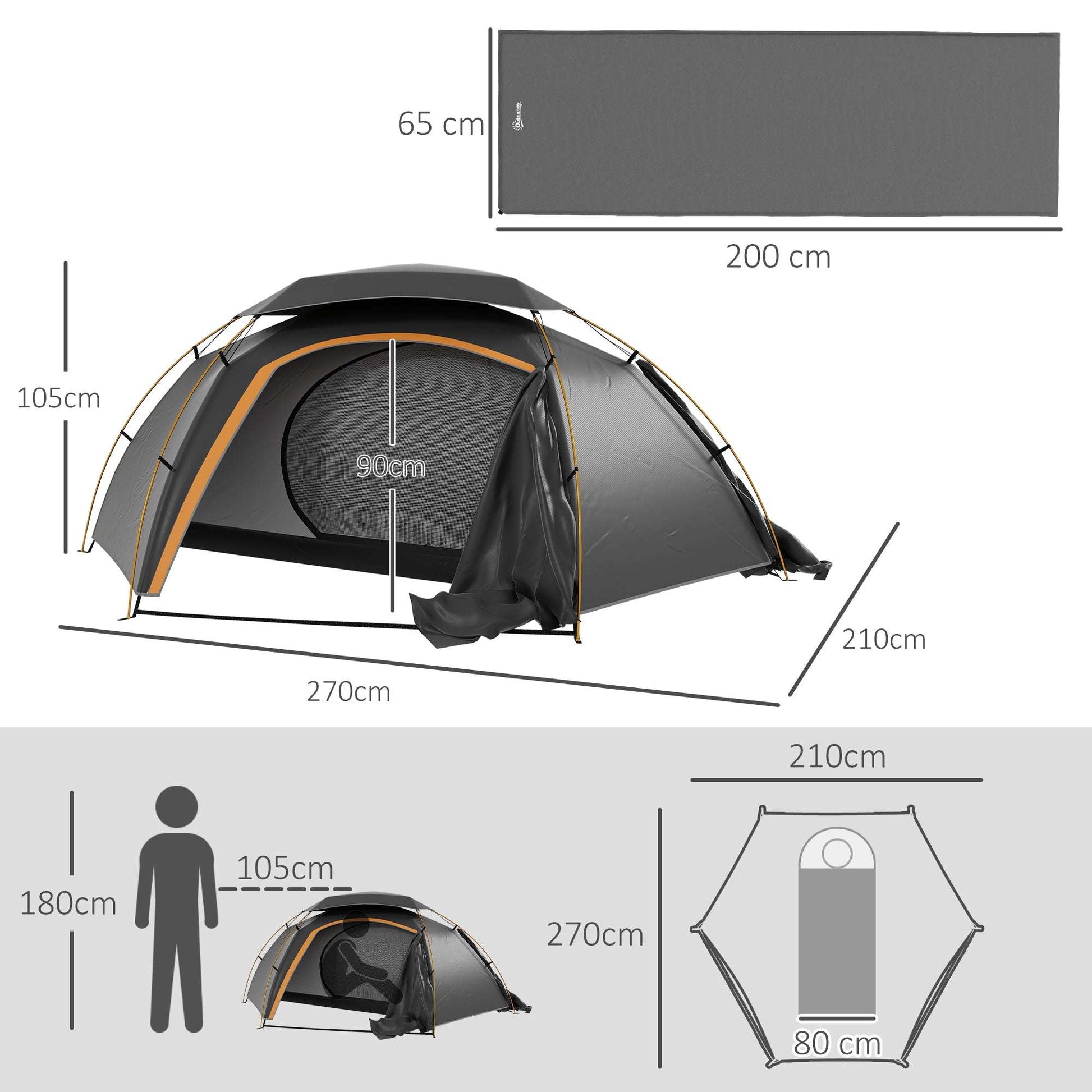Outsunny Camping Dome Tent W/ Self Inflatable Mattress, 1 Person, Removable Rainfly, 2000mm Waterproof, Portable W/ Bags for Fishing Hiking