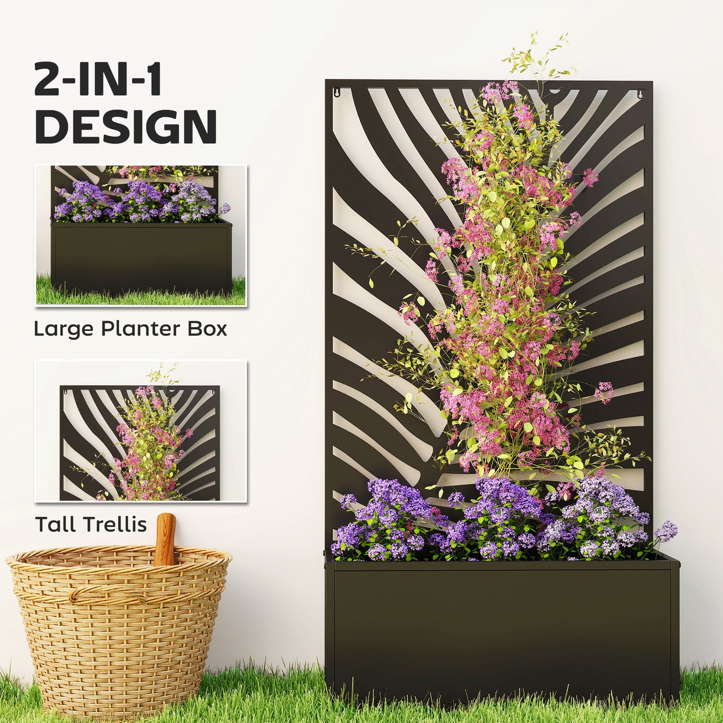 Metal Raised Planter with Large Leaf Cut-Out Trellis & Privacy Screen | Wall Mounted or Freestanding | 29L Soil | 50kg | Powder-Coated | 61x23x113cm | Climbing Plants | Black