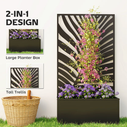 Metal Raised Planter with Large Leaf Cut-Out Trellis & Privacy Screen | Wall Mounted or Freestanding | 29L Soil | 50kg | Powder-Coated | 61x23x113cm | Climbing Plants | Black