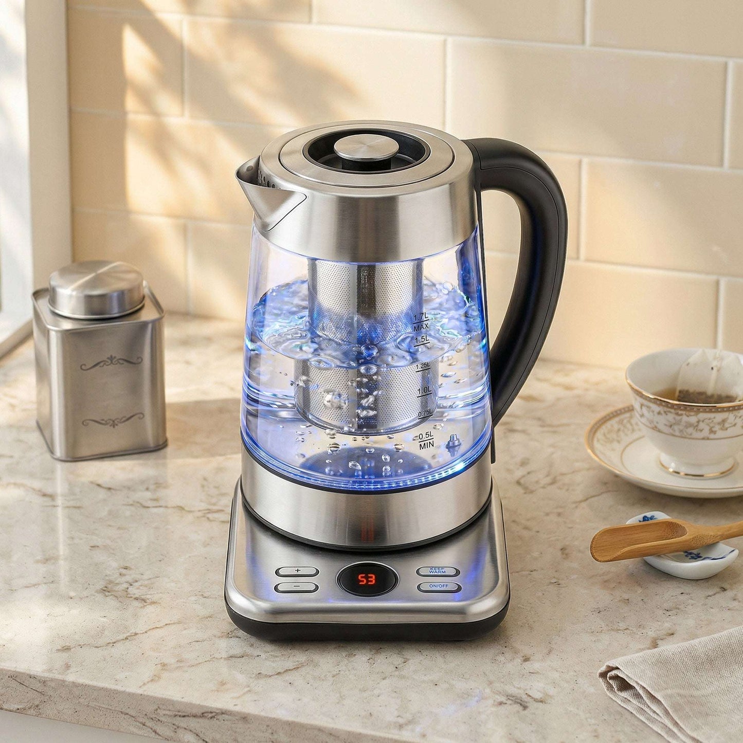 1.7L Glass Electric Kettle | 3000W Strix Controller | 5 Temperature Presets 60-100°C | 2hr Keep-Warm | Built-In Tea Infuser | LCD Display | Stainless Steel Base | 70cm Cable | Silver