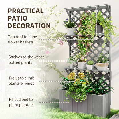 Fir Wood Planter with Tall Trellis Roof & Upper Shelf | 52L | 70x31cm Planting Area | Fabric Liner & Drainage Holes | 50kg | 76x33x177cm | Climbing Plants | Grey