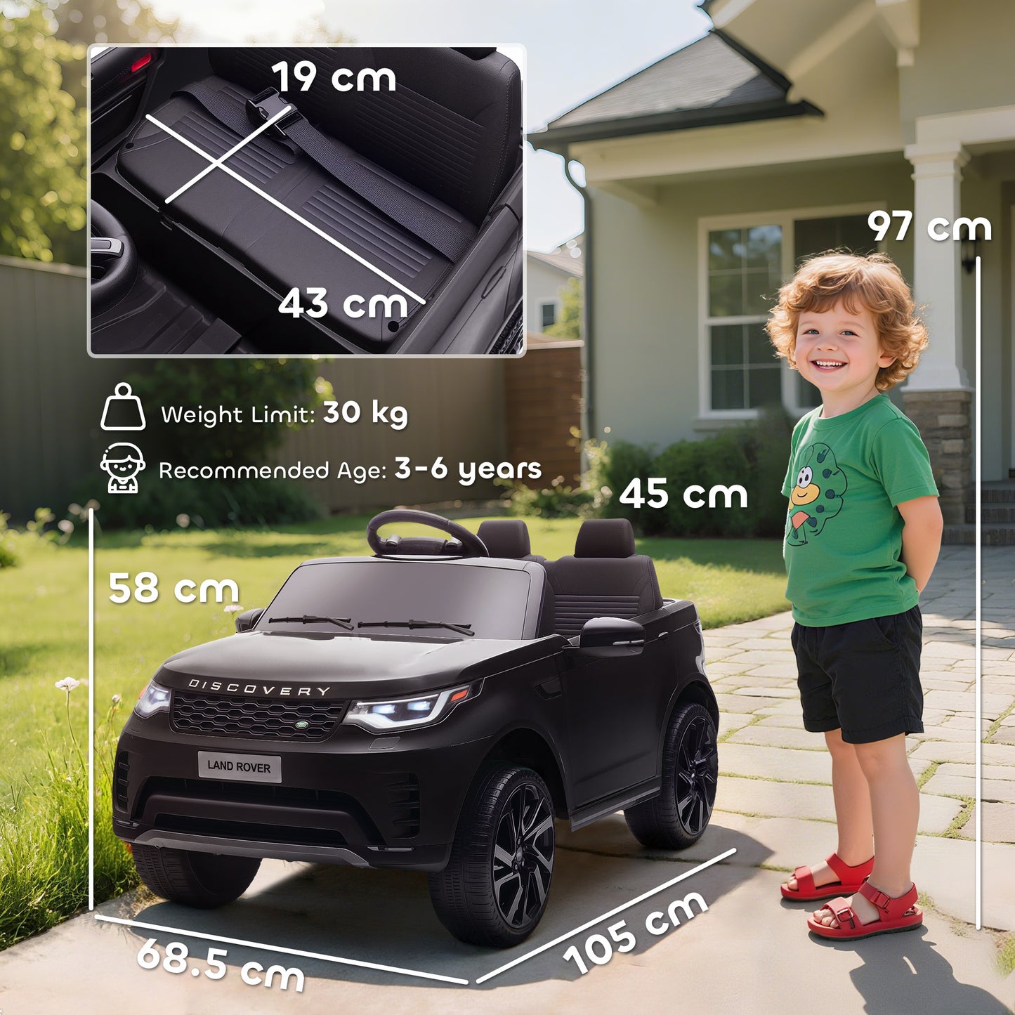 Land Rover Discovery Licensed 12V Kids Electric Car with Remote, 4 Wheel Suspension, Slow Start, Lights, Music, Black / Pink / Khaki