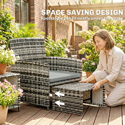 6-Piece Space-Saving PE Rattan Garden Furniture Set | 2 Armchairs | 2 Footstools | 2 Nesting Tables | UV-Resistant Rattan | Powder-Coated Steel | 5cm Zip Cushions | Fixing Straps | 120kg Capacity | Grey