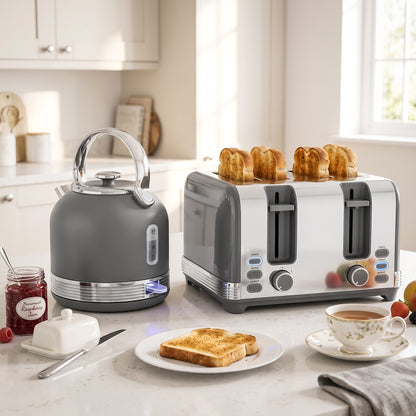 Kettle & Toaster Set | Grey Stainless Steel 1.7L 3000W Fast-Boil Kettle with 4-Slice Toaster