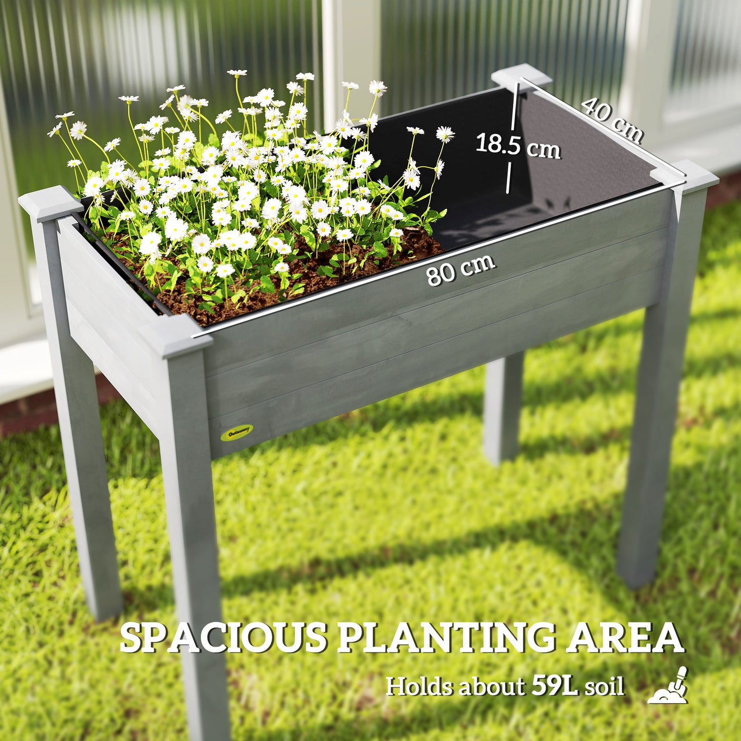 Elevated Fir Wood Raised Garden Bed | Non-Woven Liner | 4 Drainage Holes | 52cm Legs | Water-Resistant Paint | 80kg | 86x46x76cm | Flowers Veg & Herbs | Dark Grey