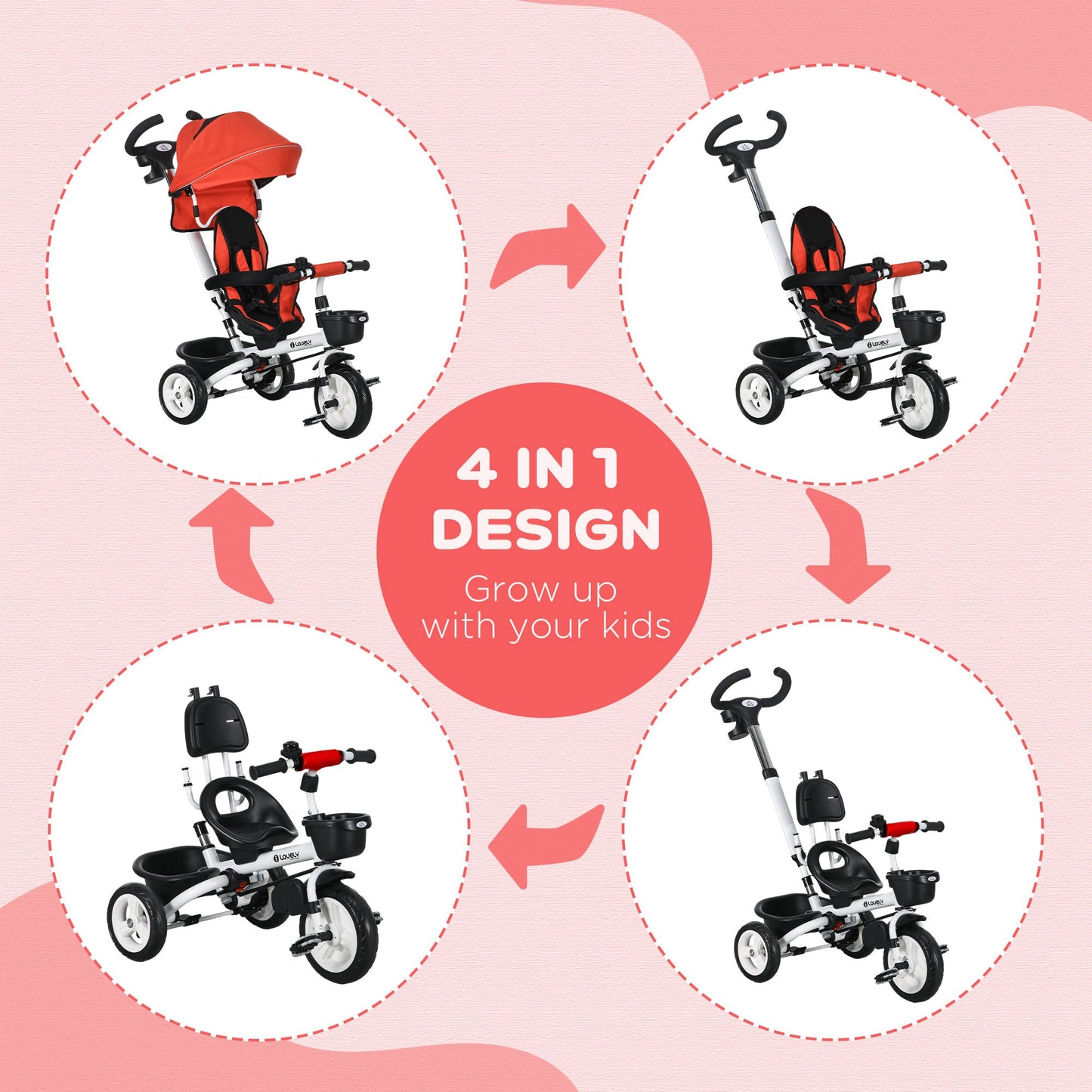 HOMCOM Metal Frame 4 in 1 Baby Push Tricycle with Parent Handle for 1-5 Years Old, Red