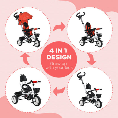 HOMCOM Metal Frame 4 in 1 Baby Push Tricycle with Parent Handle for 1-5 Years Old, Red