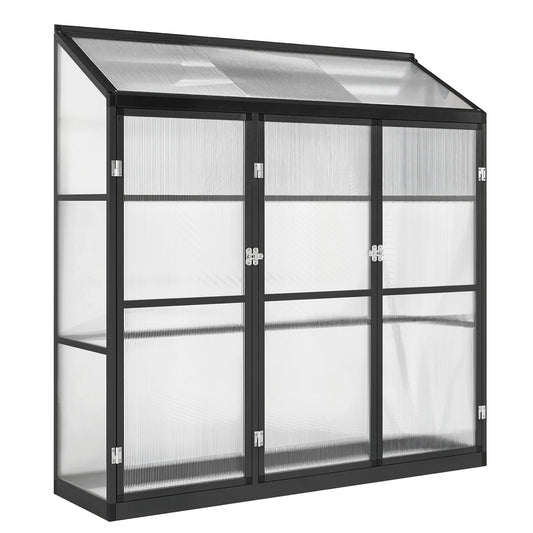 Lean-To Polycarbonate Greenhouse | 3-Section Hinged Door & Top Vent | Quick-Fit Retractable Buckle Assembly | Powder-Coated Aluminium Frame | UPF50+ PC Panels | 4 Ground Stakes | Level 4 Wind Resistance | 175x50x180cm | Black