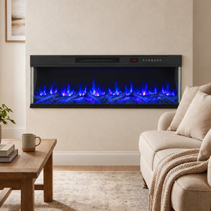 127cm Electric Fireplace Insert | 3-Sided Panoramic Log Effect | 900/1800W, 12 Colours, Remote & Timer | Black