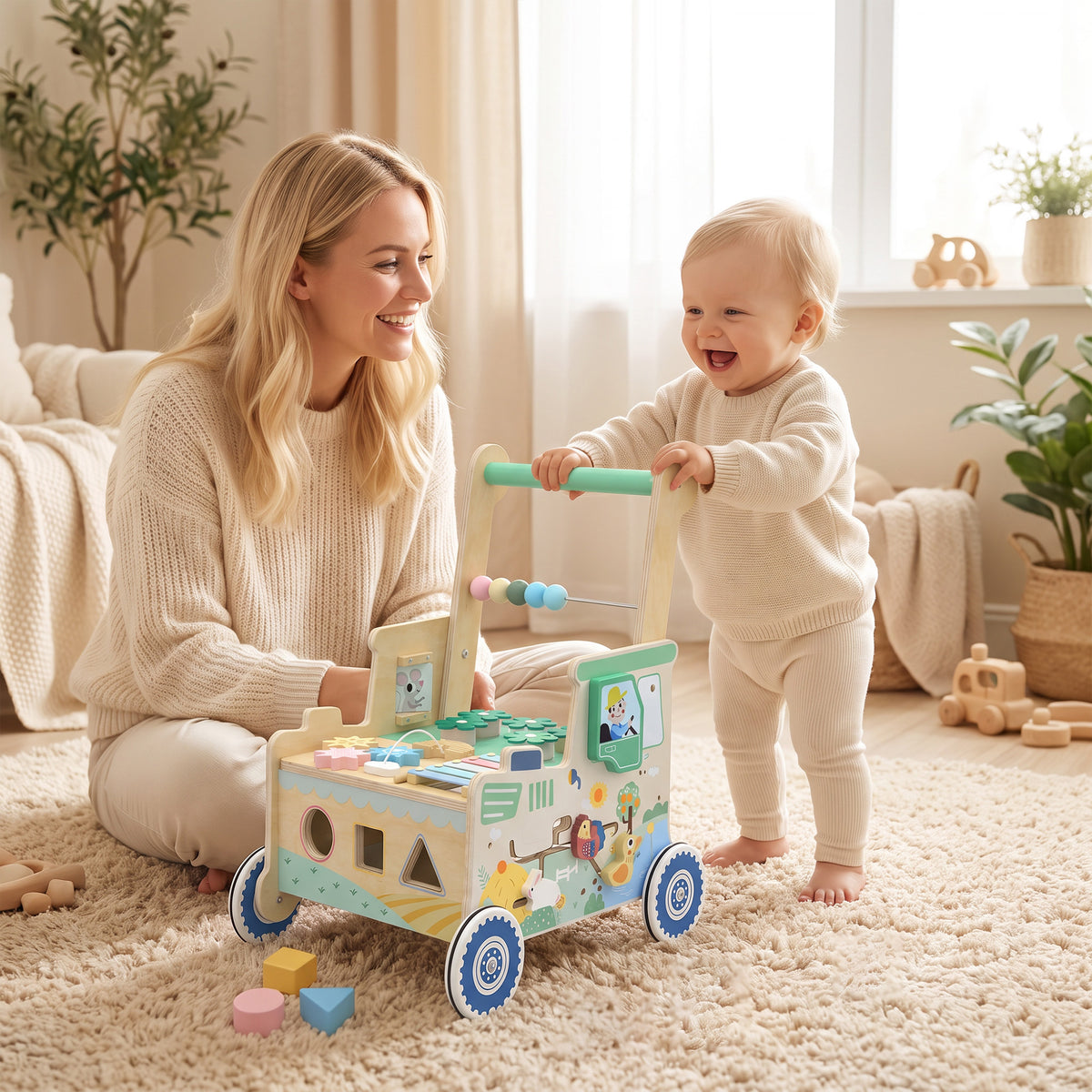 Wooden Baby Walker | Multifunction Activity Centre with Shape & Colour Learning, Toy Storage & Push-Along Support | 1-3 Years | Green & Natural