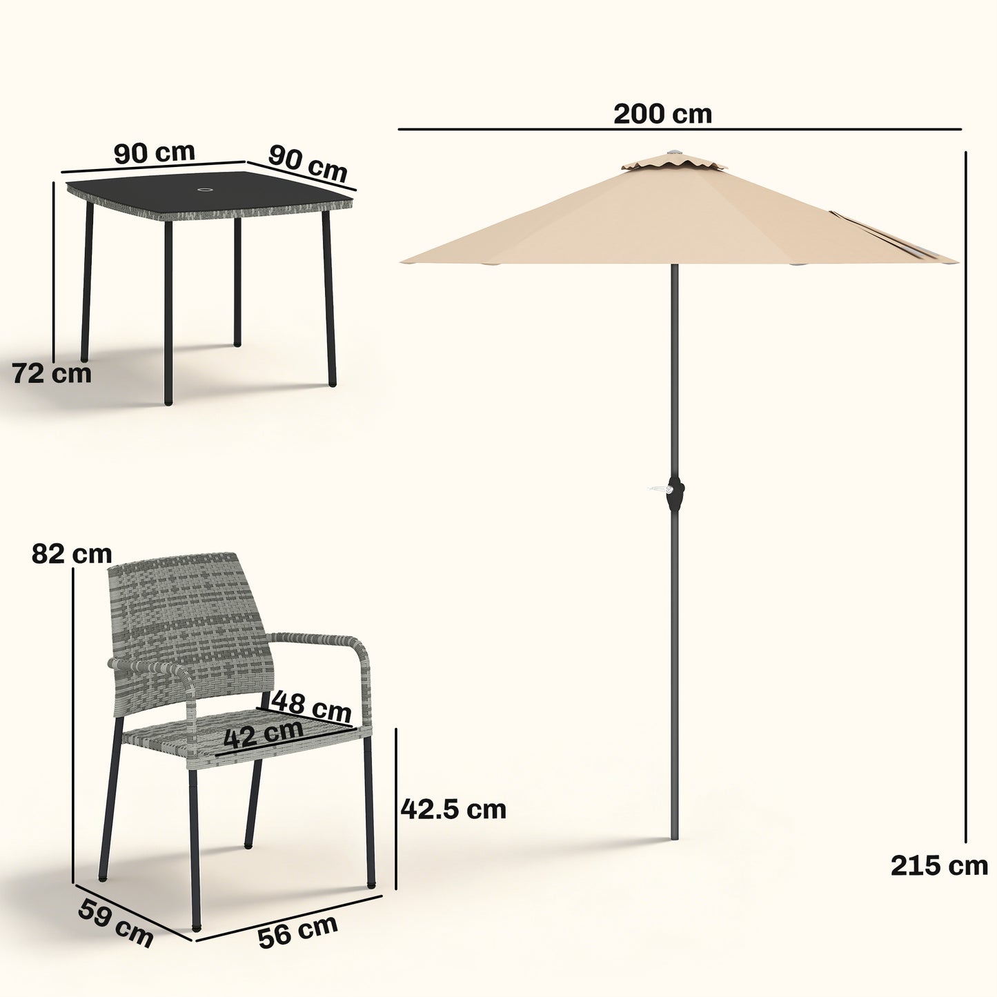 6-Piece Rattan Garden Dining Set with Parasol | 4 Stackable Chairs | Tempered Glass | Light Grey