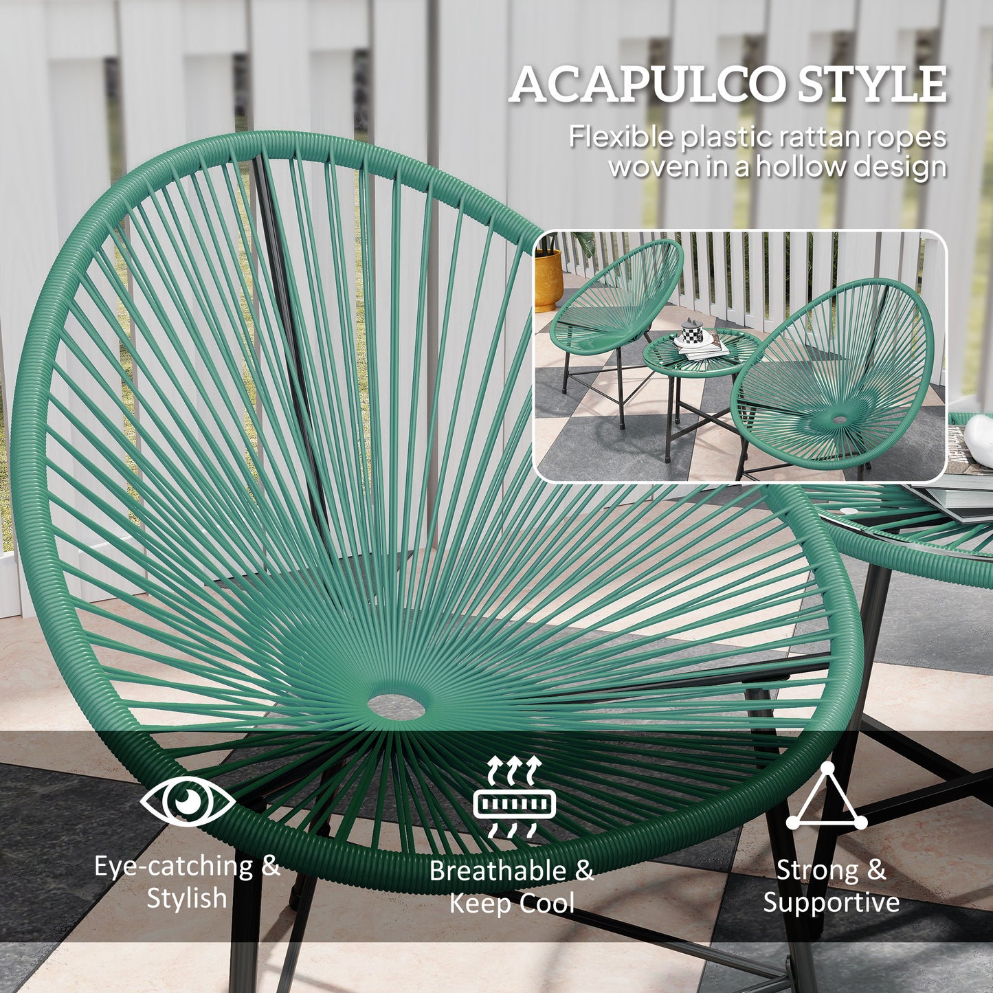 3 Piece Acapulco Style Rattan Bistro Set | 2 Oval Chairs | Tempered Glass Coffee Table | PE Rattan | Powder Coated Steel | 120kg | Green