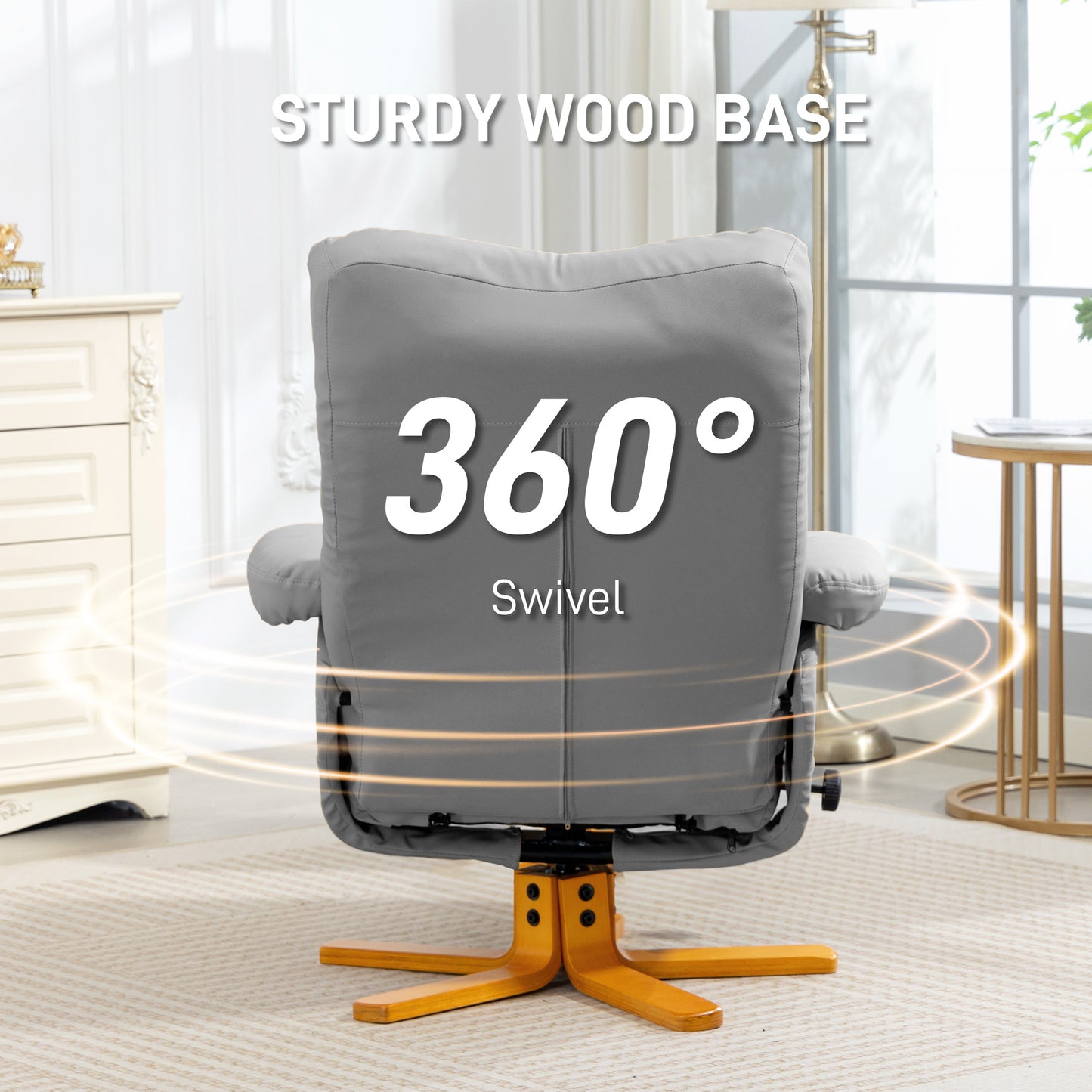 PU Leather Swivel Recliner Chair with Footstool, Wooden Base and Storage for Living Room, Light Grey