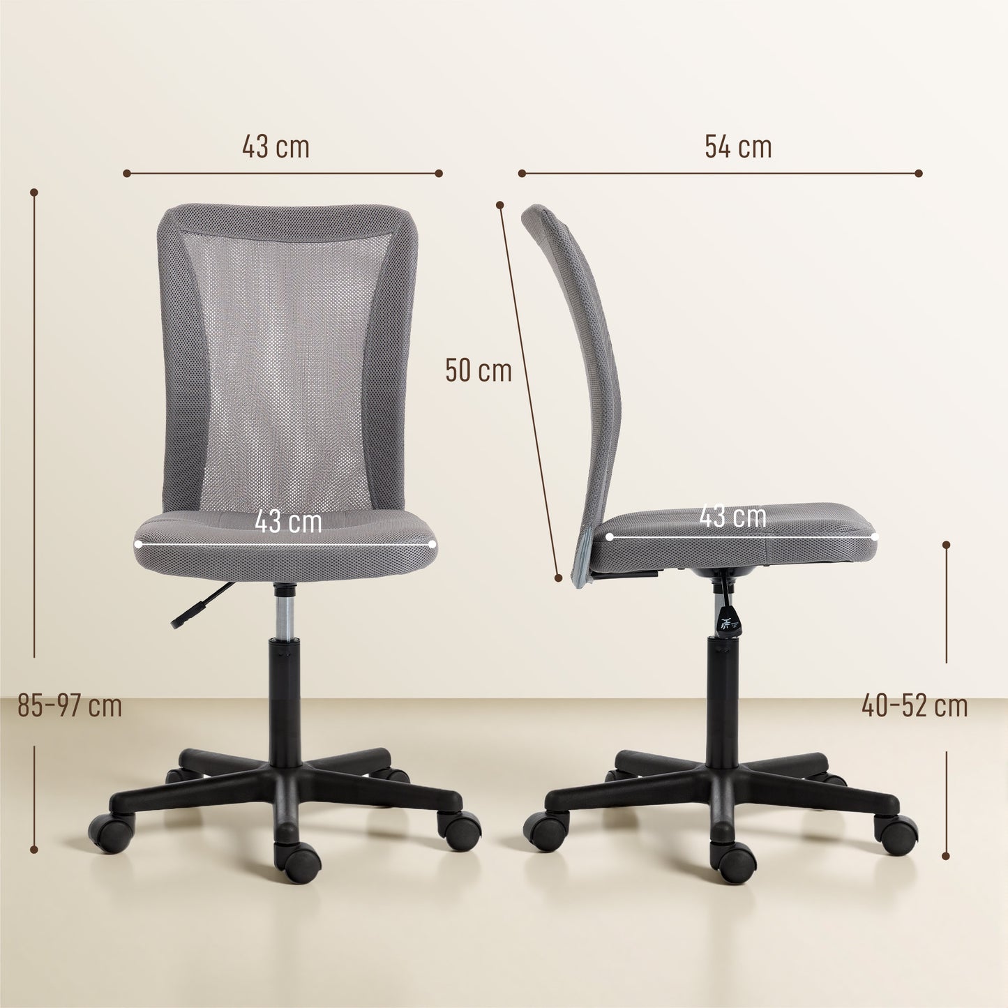 Vinsetto Computer Desk Chair, Mesh Office Chair with Adjustable Height and Swivel Wheels, Armless Study Chair