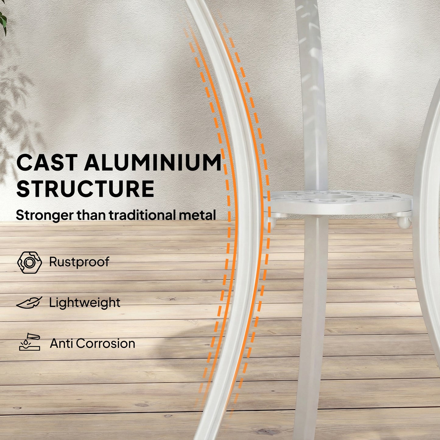 3 Piece Cast Aluminium Garden Bistro Set | Round Table Dia 61cm | Parasol Hole | 2 Chairs | Cut-Out Back Design | Adjustable Feet | 120kg | White