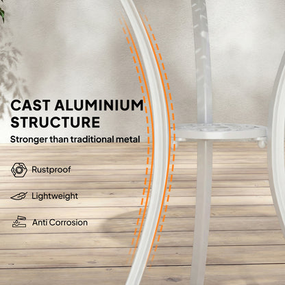 3 Piece Cast Aluminium Garden Bistro Set | Round Table Dia 61cm | Parasol Hole | 2 Chairs | Cut-Out Back Design | Adjustable Feet | 120kg | White