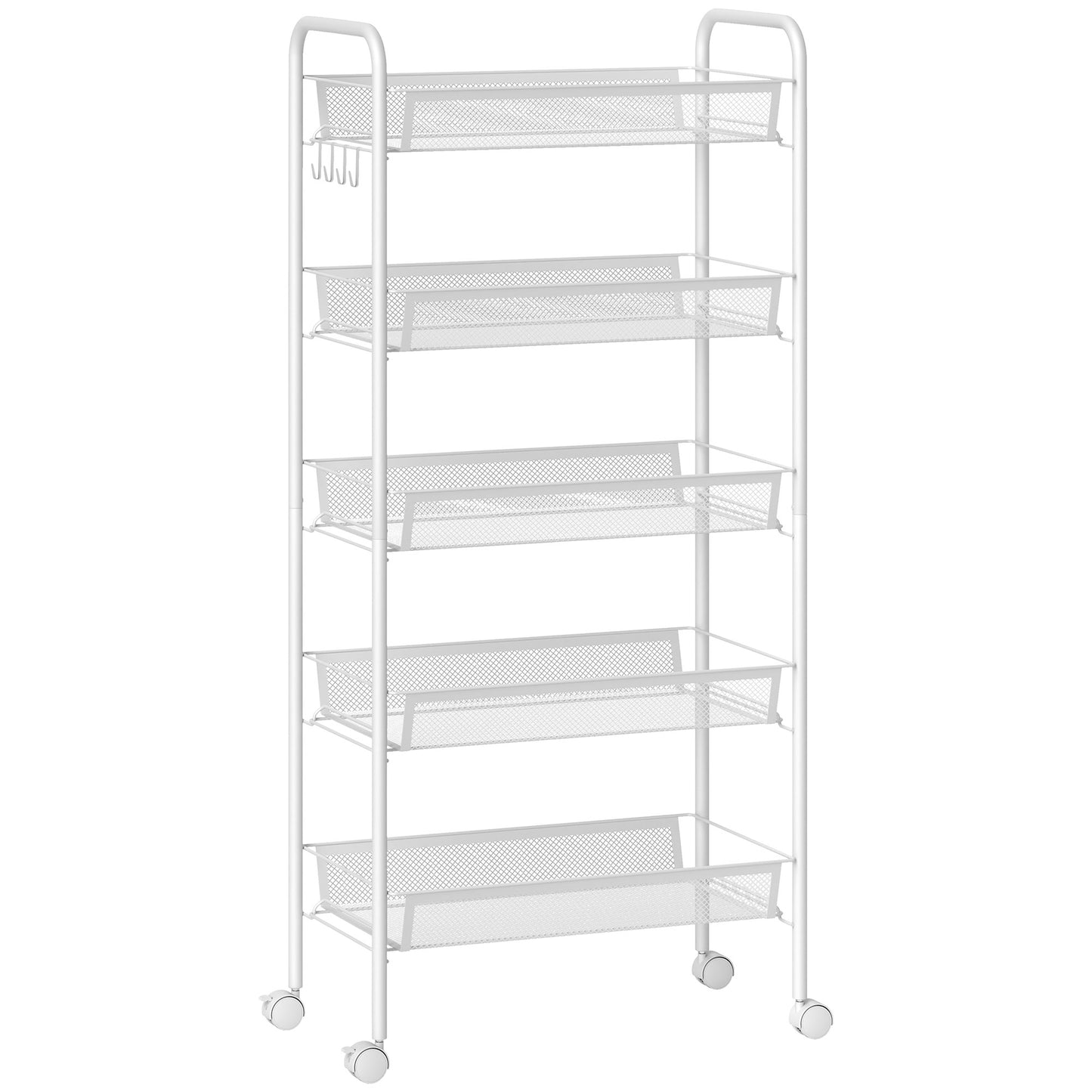 Five-Steel Mesh Basket Storage Trolley, with Wheels - White