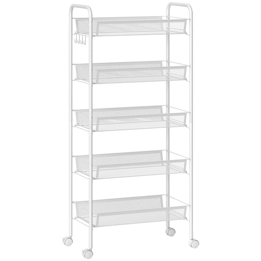 Five-Steel Mesh Basket Storage Trolley, with Wheels - White