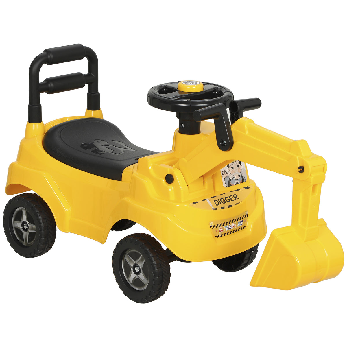 Kids Ride On Excavator Digger Toy | 33cm Manual Digger Arm & Separate Bucket | Forward Backward & Turning | Horn Steering Wheel & Air Horn | Under-Seat Storage | PP Body | 15kg Max | 77x26.5x39cm | Ages 1–3 | Yellow