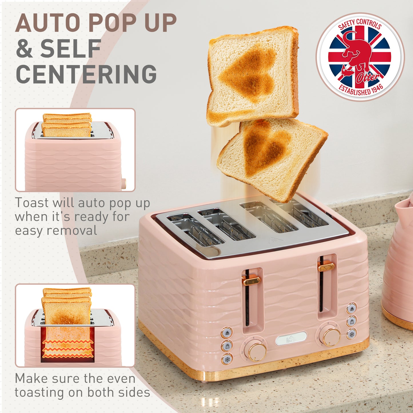 3000W 1.7L Kettle & 4 Slice Toaster, Kettle and Toaster Set with 7 Browning Controls and Crumb Tray, Light Pink / Blue