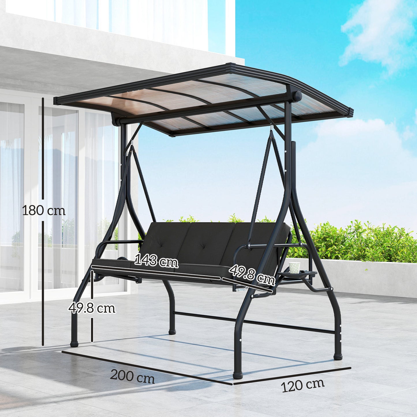 3 Seater Garden Swing Seat Chair Bed with UPF30+ Adjustable Canopy, Convertible W/ Cushion, Outdoor Hammock Bench W/ Cup Trays