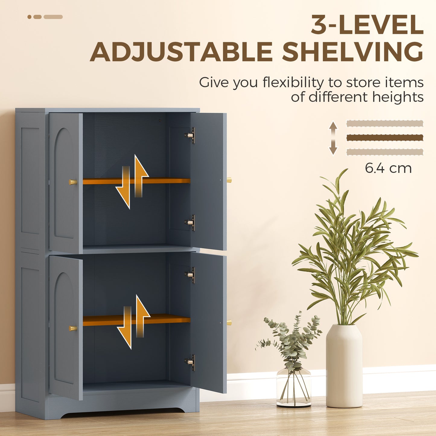 4-Door Kitchen Storage Cabinet with Adjustable Shelves, Arched Curve Doors, Gold Handles, Anti-Tip, 60x30x110cm – Grey