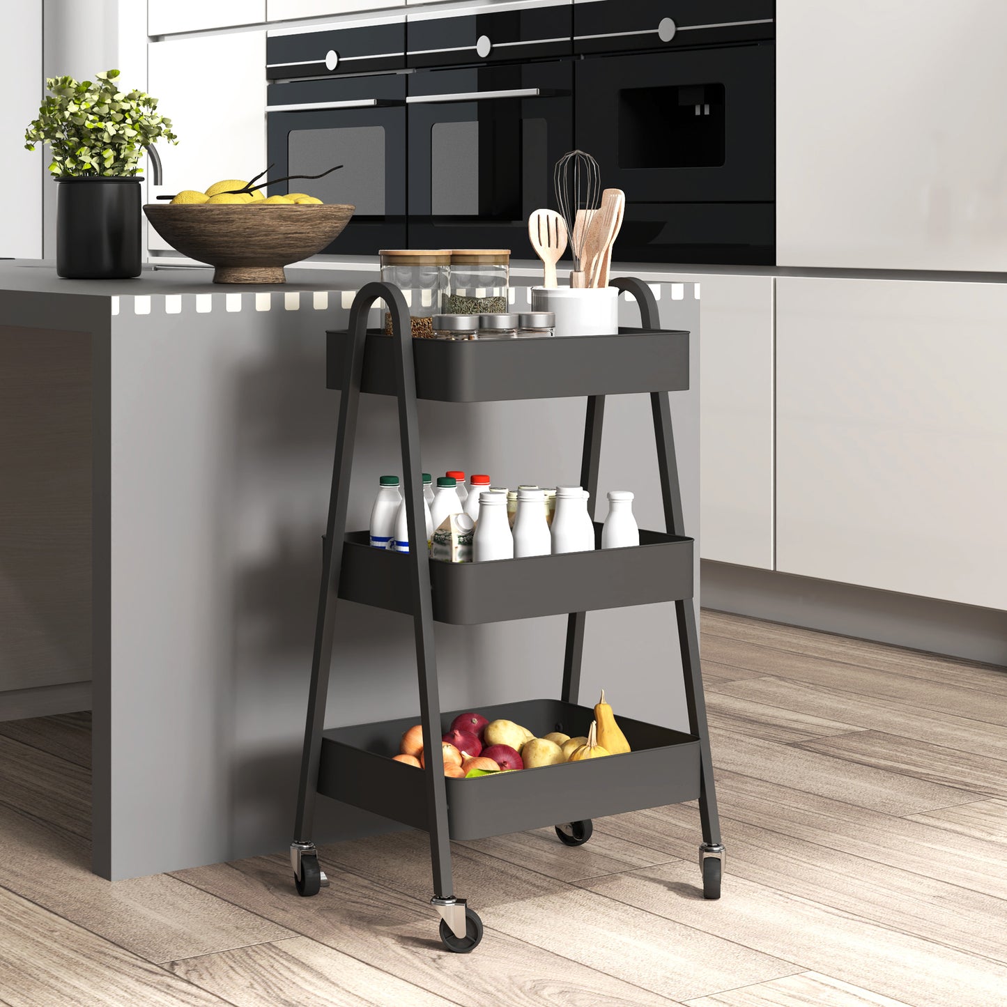 3-Tier Storage Trolley on Wheels - Black