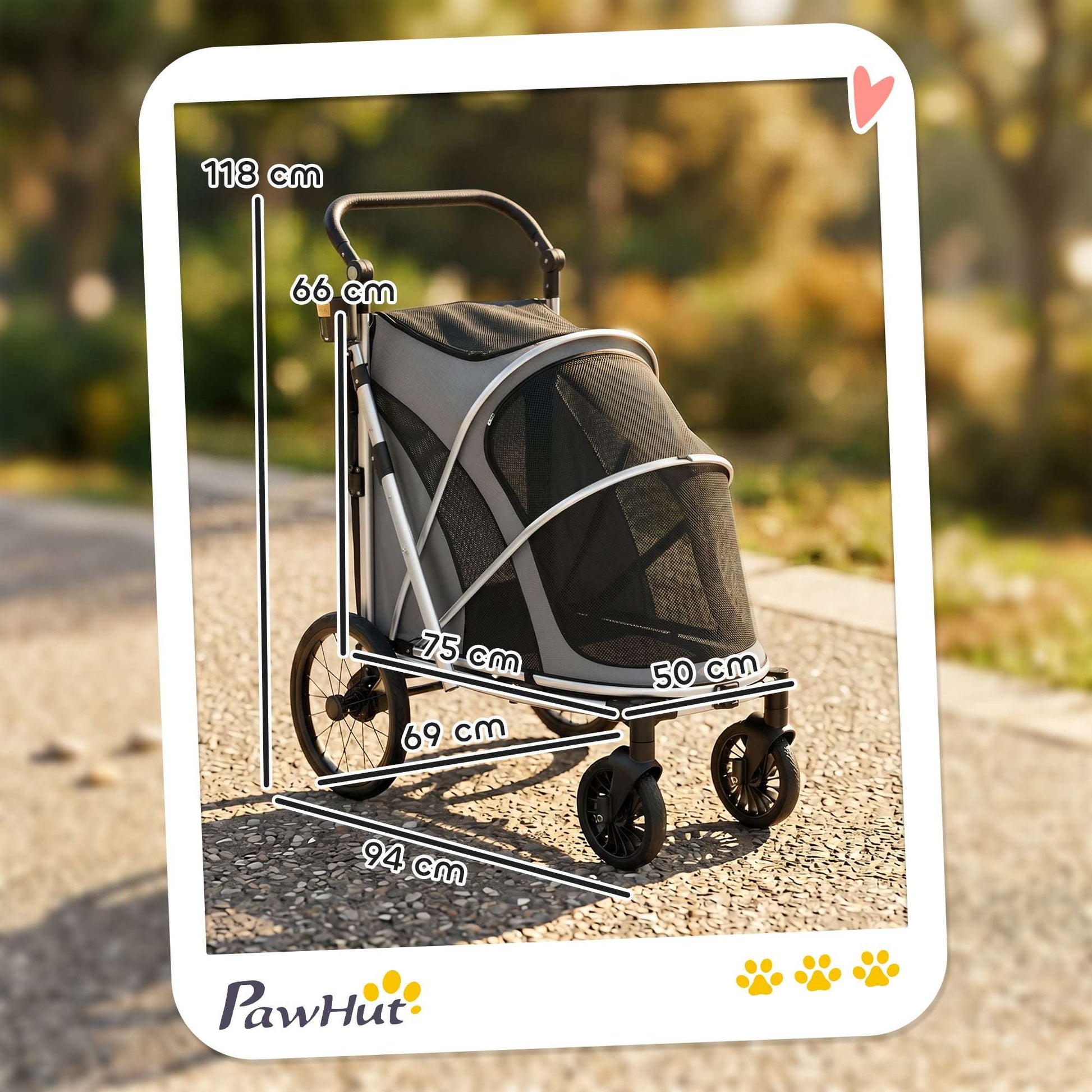 Dog Stroller for Small & Medium Dogs | Rust-Resistant Aluminium Frame | Breathable Mesh Windows | Adjustable Handlebar | Removable Cushion | Quick Fold | 16" & 8" Wheels | 20kg Max | 94x69x118cm | Grey